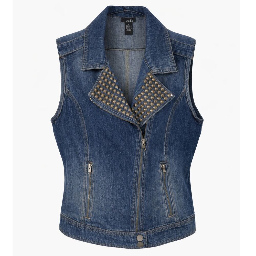 Rue 21 Women’s Denim Vest Large Blue Studded Bronze Button Front Jean Vest